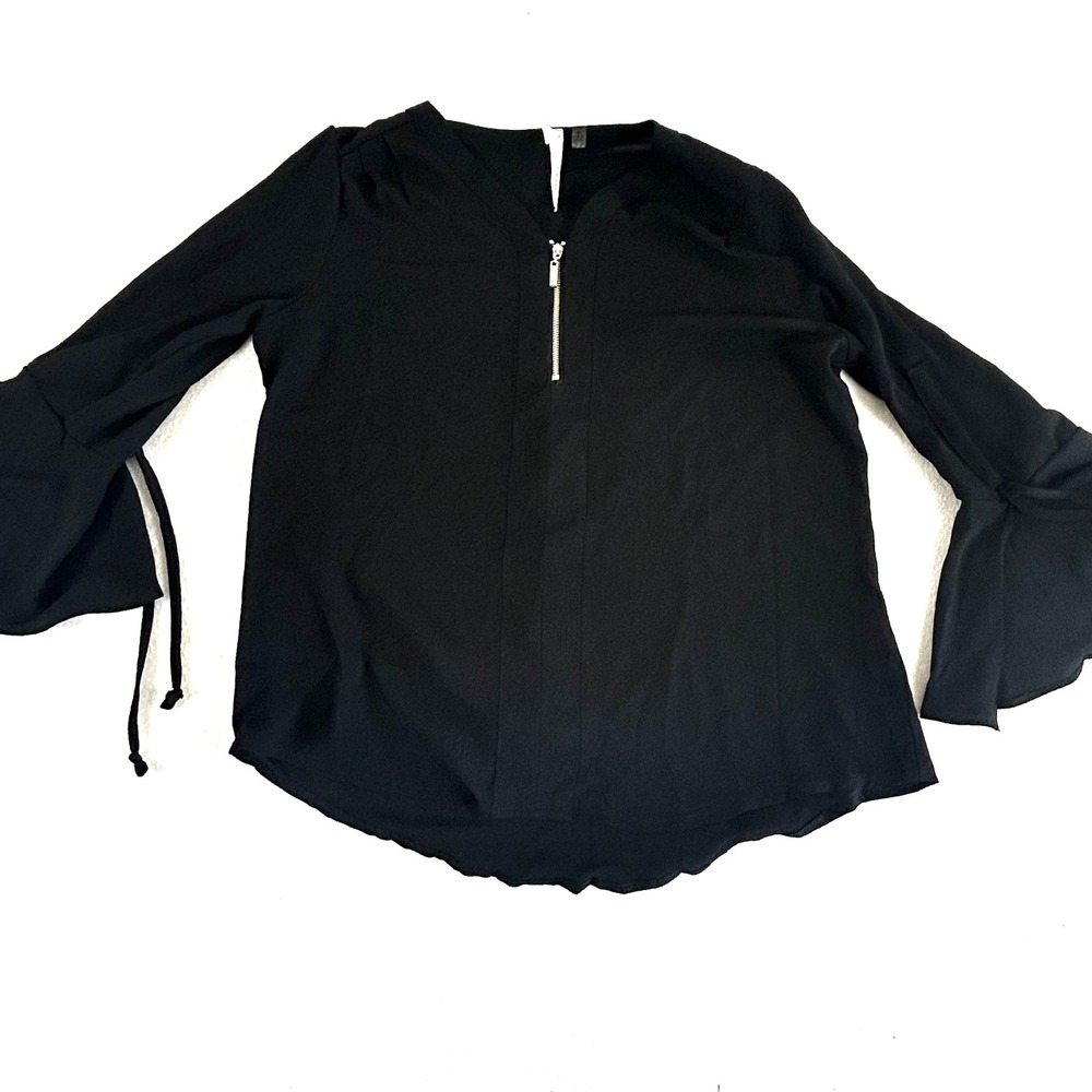 NY Collection Petite Black Half‎ Zip Bell Sleeve Blouse  PM Womens Top